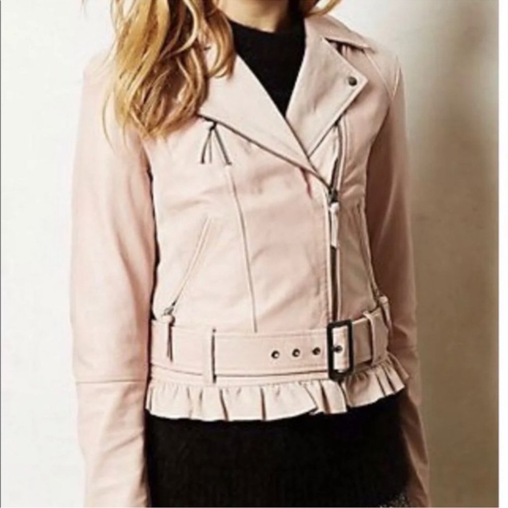 Anthropologie Elevenses Blush Pink Leather Ruffle Belted Moto Jacket Sz Small